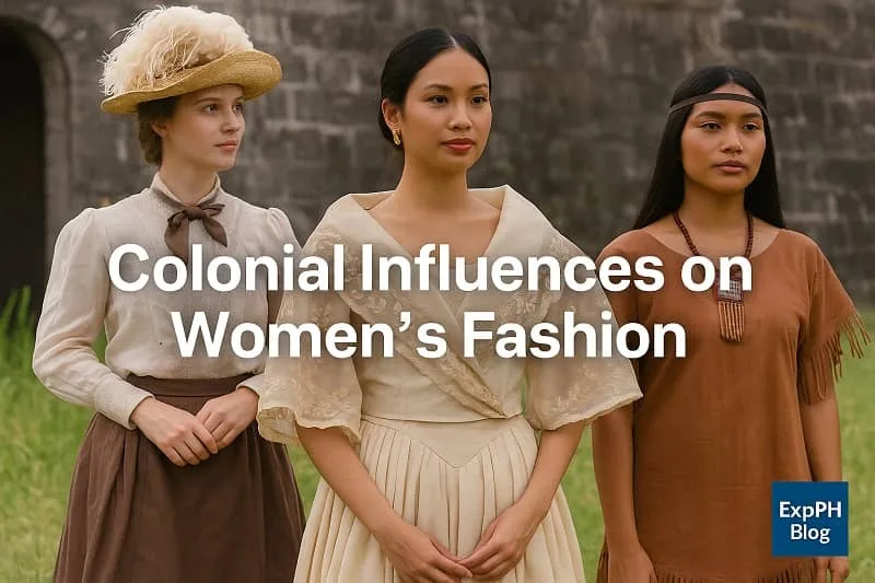 A realistic photograph of three women wearing colonial-era clothing representing Spanish, American, and Indigenous influences, with the ExpPH Blog logo in the corner.