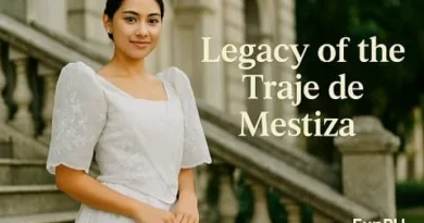 A young Filipino woman wearing a traditional white traje de mestiza stands on stone steps of an old building with the ExpPH Blog logo in the corner.