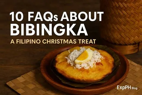 A realistic Filipino bibingka topped with grated coconut and salted egg on a wooden plate, with text about FAQs for this Christmas treat.