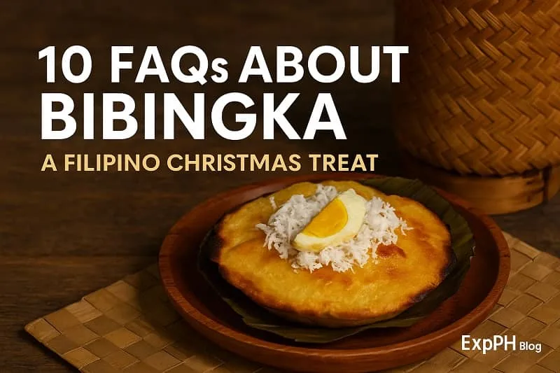 A realistic Filipino bibingka topped with grated coconut and salted egg on a wooden plate, with text about FAQs for this Christmas treat.