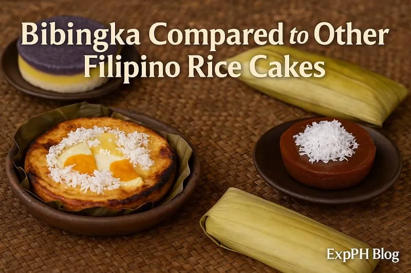 A realistic display of bibingka, sapin-sapin, kutsinta, and suman arranged on a woven mat, showing differences among Filipino rice cakes.