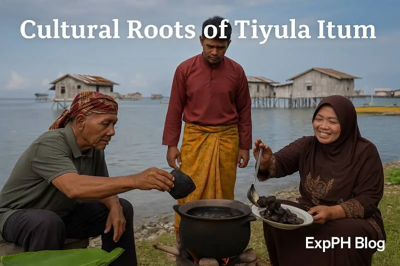 Tausug family preparing traditional Tiyula Itum using burnt coconut by the seaside with ExpPH Blog logo.