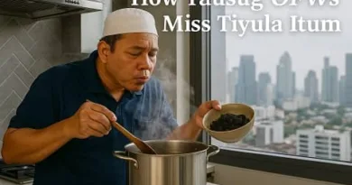 Tausug OFW cooking Tiyula Itum in a modern kitchen while holding burnt coconut for the dish.