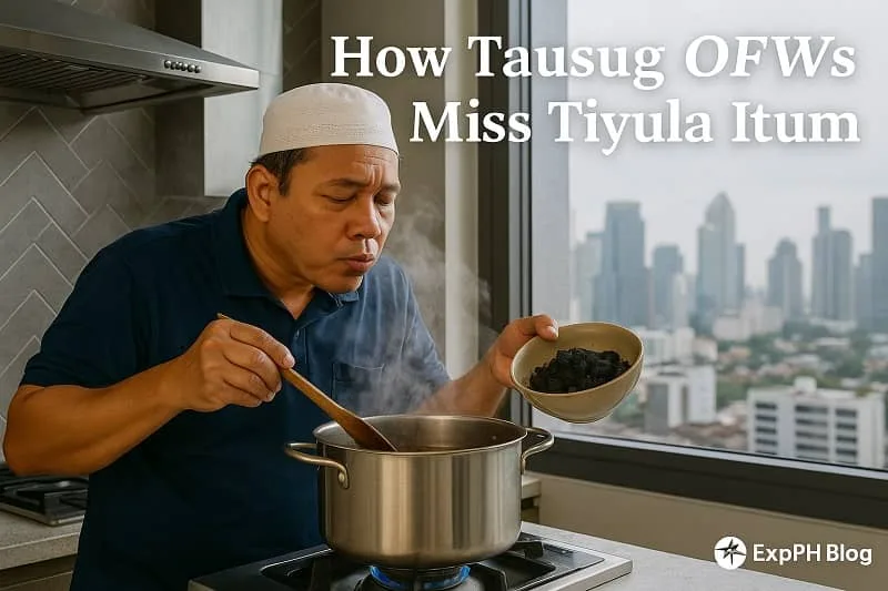 Tausug OFW cooking Tiyula Itum in a modern kitchen while holding burnt coconut for the dish.
