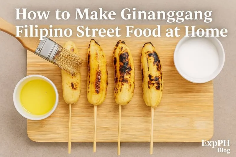 Grilled saba bananas on skewers brushed with butter and prepared with sugar, showing how to make ginanggang at home.