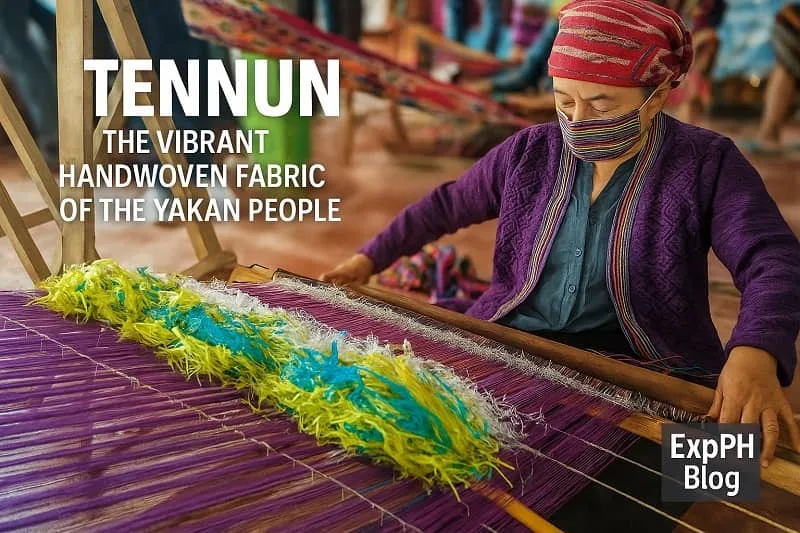A Yakan woman weaving vibrant Tennun fabric on a traditional wooden loom, surrounded by colorful threads and cultural textiles.