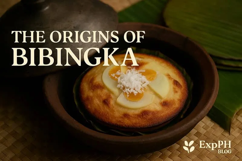 A realistic Filipino bibingka baked in a clay pot with salted egg slices and grated coconut, showing its traditional origins.