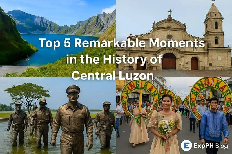 Historical highlights of Central Luzon showing Barasoain Church, Mount Pinatubo, WWII monument, and Singkaban Festival with ExpPH Blog logo