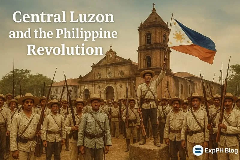 Filipino revolutionaries in front of Barasoain Church holding rifles and the Philippine flag with ExpPH Blog logo