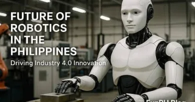 A realistic humanoid robot operating machinery inside a modern industrial facility in the Philippines with the ExpPH Blog logo.