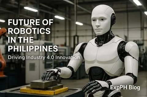 A realistic humanoid robot operating machinery inside a modern industrial facility in the Philippines with the ExpPH Blog logo.