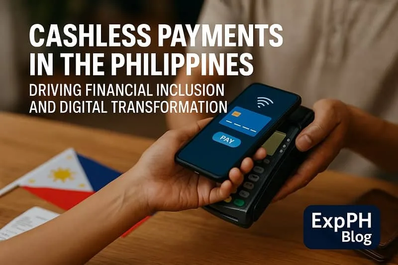 A realistic photo of a person using a smartphone to make a cashless payment through a POS terminal, with a small ExpPH Blog logo and a Philippine flag in the background.