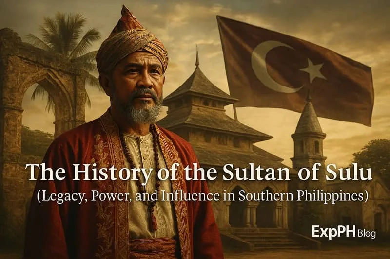Sultan of Sulu standing before historic Islamic structures with a crescent flag and ExpPH Blog logo