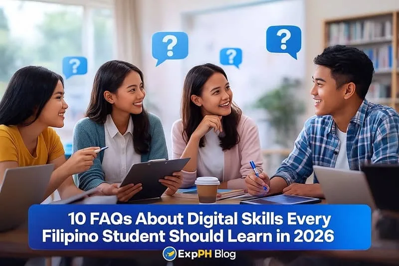 A realistic photo of Filipino students discussing digital skills in a modern classroom, with question mark icons above them and the ExpPH Blog logo displayed.