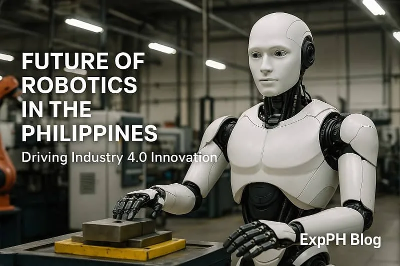 A realistic humanoid robot operating machinery inside a modern industrial facility in the Philippines with the ExpPH Blog logo.