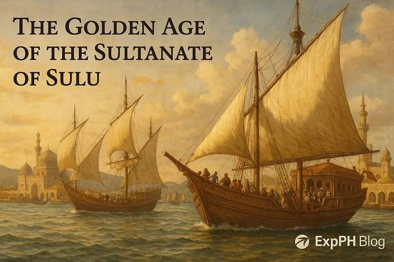 Traditional Sulu ships sailing near Islamic architecture during the Sultanate’s golden age with ExpPH Blog logo