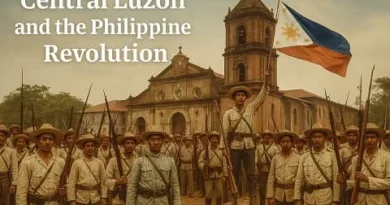 Filipino revolutionaries in front of Barasoain Church holding rifles and the Philippine flag with ExpPH Blog logo