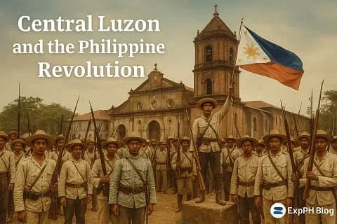 Filipino revolutionaries in front of Barasoain Church holding rifles and the Philippine flag with ExpPH Blog logo
