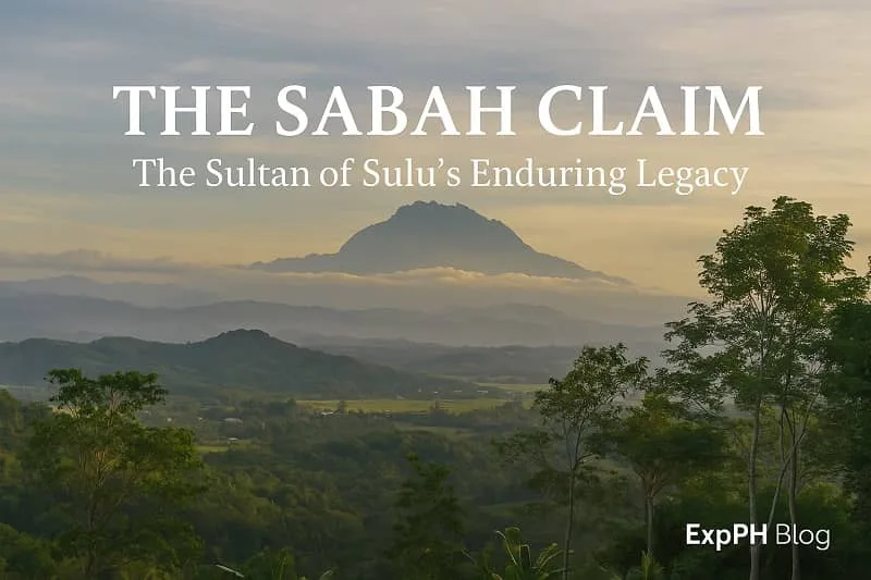 Sabah mountain landscape with morning clouds symbolizing the Sultan of Sulu’s historical claim, with ExpPH Blog logo