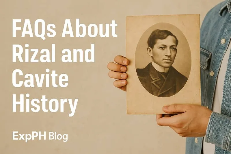 A realistic photo of a person holding an old sepia portrait of José Rizal, representing frequently asked questions about Rizal and Cavite history, with the ExpPH Blog logo in the corner.