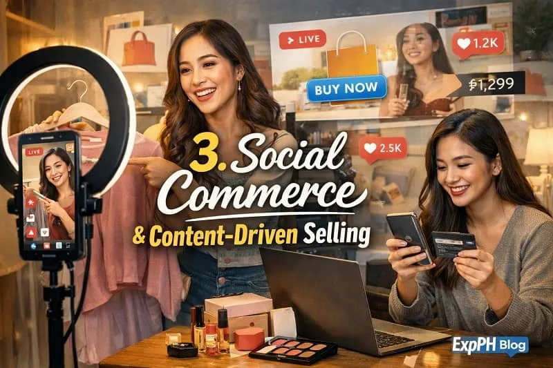 Filipino online seller doing a live stream while showcasing products, with a shopper using a smartphone for online buying, representing social commerce and content-driven selling.