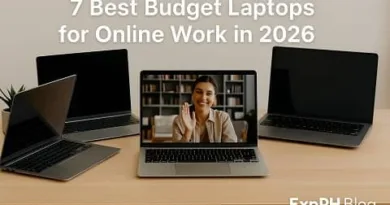Realistic budget laptops on a wooden desk for online work in 2026 with the ExpPH Blog logo.