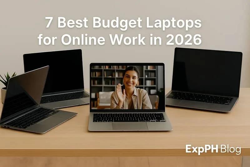 Realistic budget laptops on a wooden desk for online work in 2026 with the ExpPH Blog logo.
