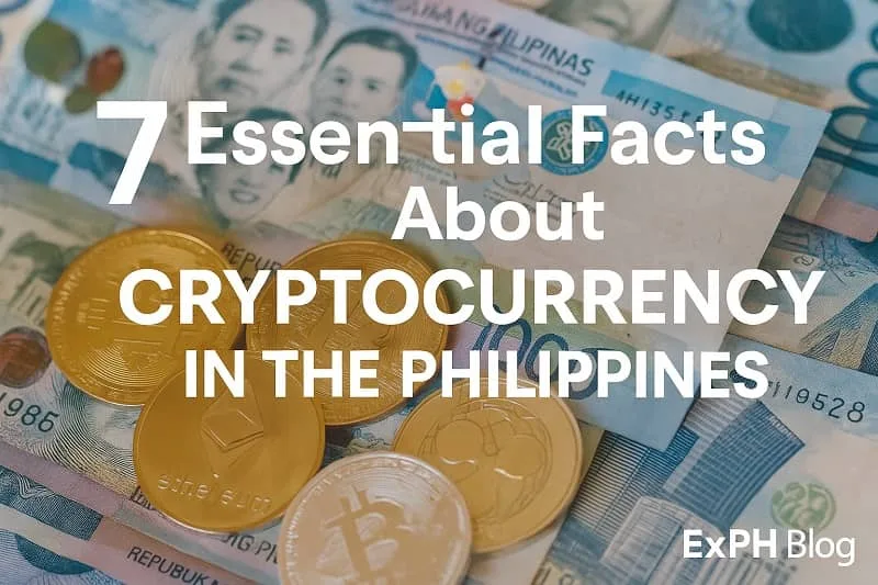 Realistic photo of Philippine banknotes with cryptocurrency coins like Bitcoin and Ethereum, used to illustrate essential facts about cryptocurrency in the Philippines, with the ExpPH Blog logo in the corner.