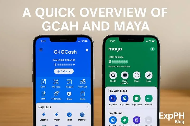 Two smartphones displaying the GCash and Maya apps side by side, showing their main features and interface for a quick overview.