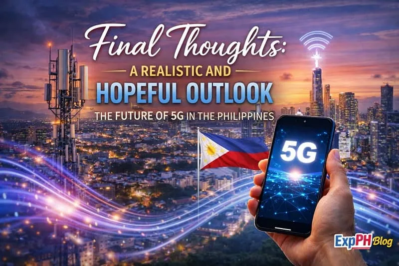 Smartphone displaying 5G signal with Manila skyline and telecom tower in the Philippines, symbolizing a realistic and hopeful future of 5G connectivity