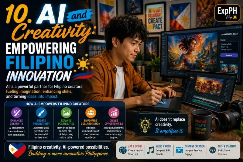 A realistic Filipino creative workspace showing a Filipino digital artist using AI-powered creative tools for design and content creation, with mixed-font typography and the ExpPH Blog logo.