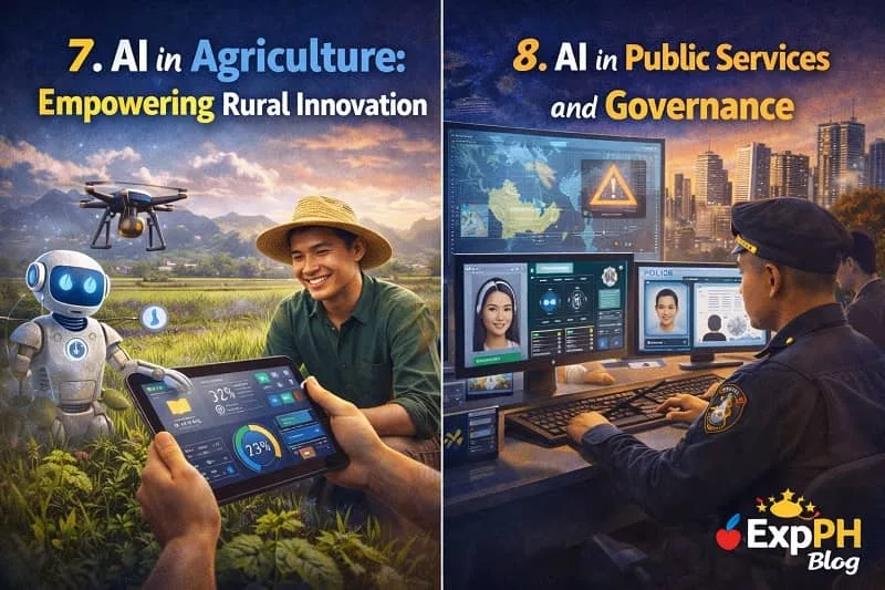 Filipino farmer using AI technology in rice field and government office staff using digital AI system for public services in the Philippines