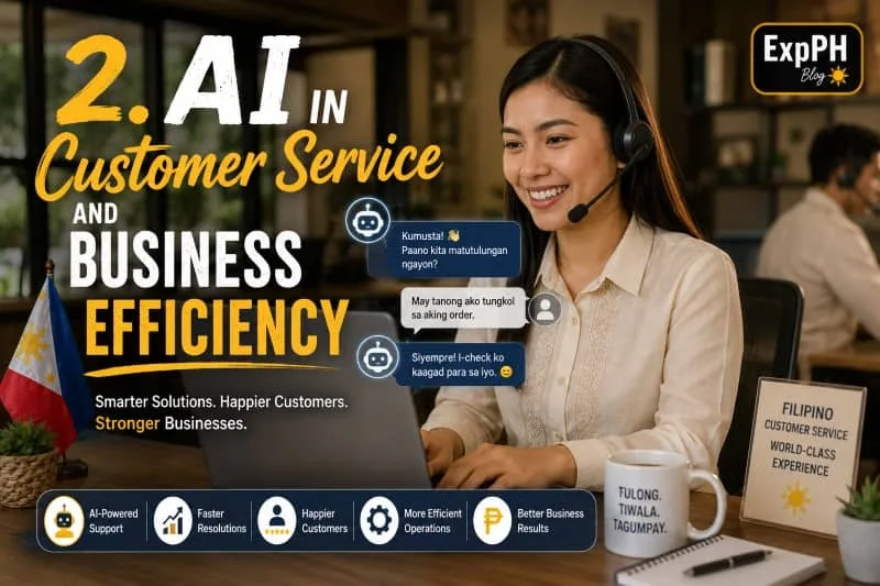 A realistic Filipino business office scene showing a Filipina customer service representative using AI-powered support tools on a laptop, with modern mixed-font typography and the ExpPH Blog logo.