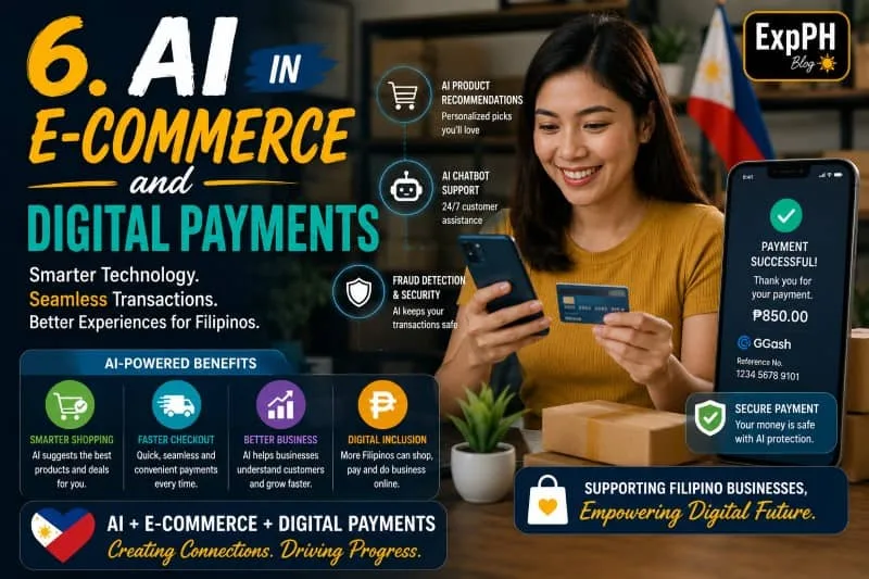 A realistic Filipino e-commerce scene showing a Filipina using a smartphone for AI-powered online shopping and digital payments, with mixed-font typography and the ExpPH Blog logo.
