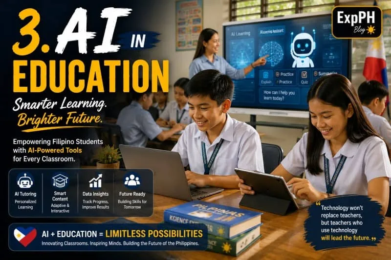 A realistic Filipino classroom scene showing students using AI-powered learning technology on laptops and tablets, with modern mixed-font typography and the ExpPH Blog logo.