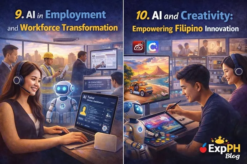 Filipino professionals using AI for digital work and Filipino artist creating digital art with AI tools in a modern workspace