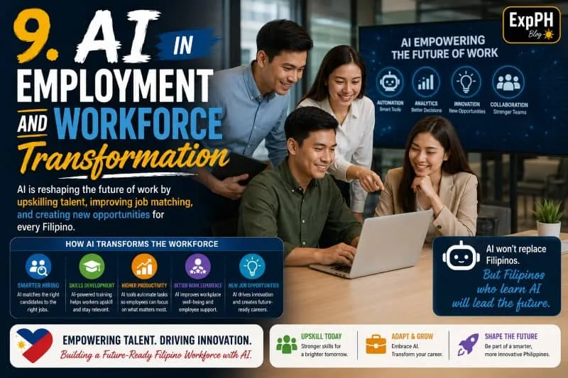 A realistic Filipino office scene showing professionals using AI-powered technology for workforce development and modern employment solutions, with mixed-font typography and the ExpPH Blog logo.