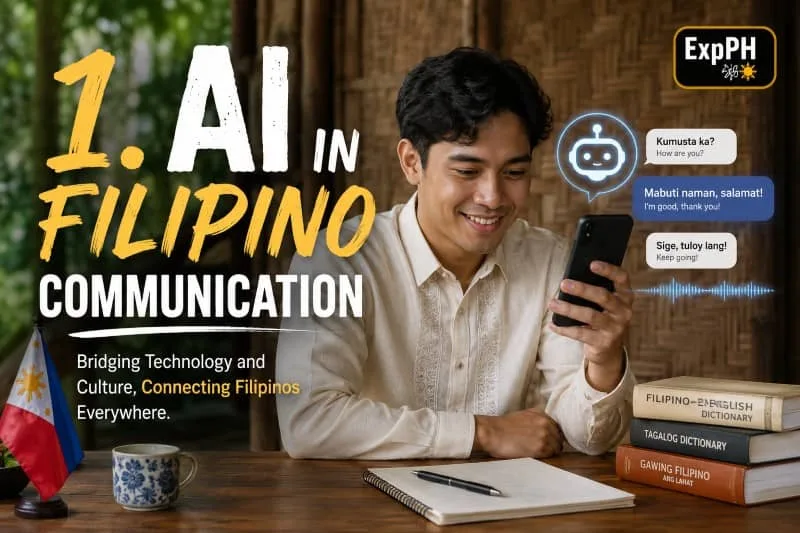 A realistic Filipino-themed image showing a young Filipino man using a smartphone with AI chat features, representing AI in Filipino communication, with mixed-font typography and the ExpPH Blog logo.