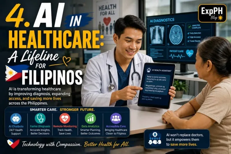 A realistic Filipino healthcare scene showing a Filipino doctor using AI-powered medical technology to assist an elderly patient, with mixed-font typography and the ExpPH Blog logo.