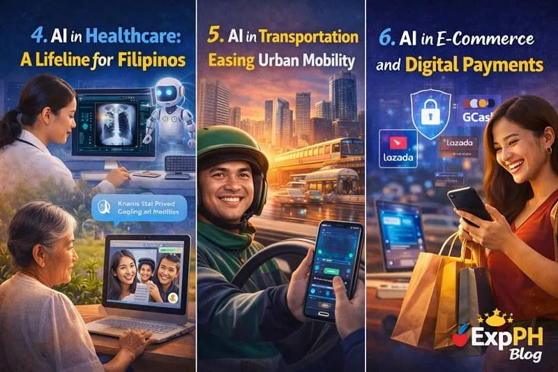 Filipino doctor using AI diagnostics, ride hailing driver using navigation app, and woman making digital payment through e commerce platform in the Philippines