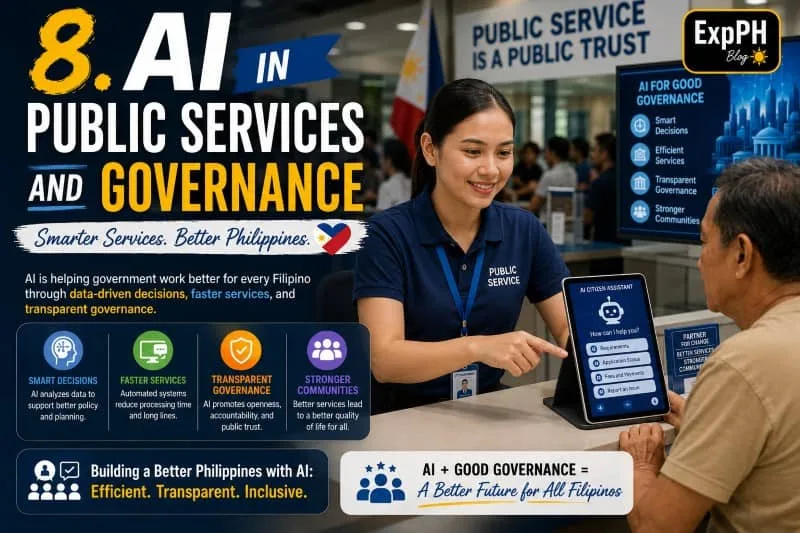 A realistic Filipino government service scene showing citizens using AI-powered public service systems in a modern government office, with mixed-font typography and the ExpPH Blog logo.