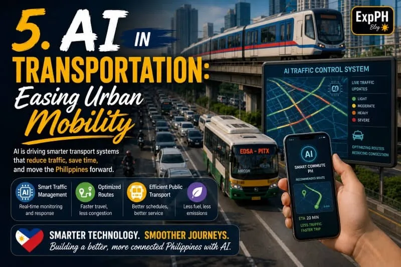 A realistic Filipino urban transportation scene showing AI-powered traffic management, public transport, and smart mobility systems in a busy Manila-style city, with mixed-font typography and the ExpPH Blog logo.