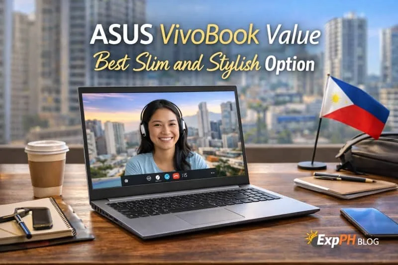 ASUS VivoBook Value laptop on a modern Filipino workspace with city background, slim and stylish laptop for online work