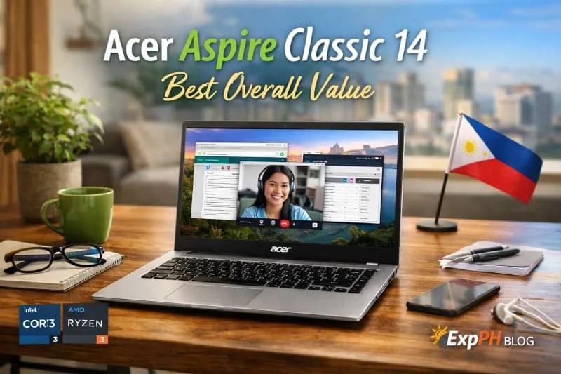 Acer Aspire Classic 14 laptop on a desk with Filipino workspace setup, best budget laptop for online work in 2026