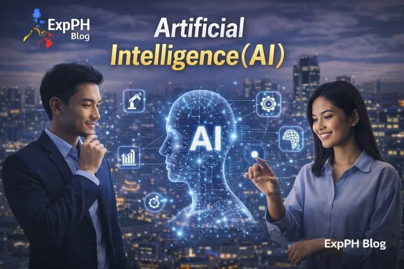 Filipino professionals interacting with artificial intelligence hologram and digital technology representing AI innovation in the Philippines