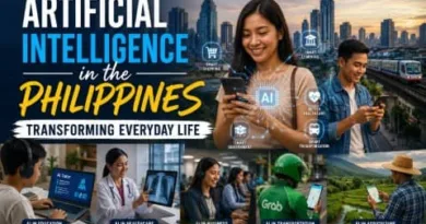 Realistic image of Filipinos using artificial intelligence in daily life including education, healthcare, transportation, business, and agriculture with Manila city background and ExpPH Blog logo.