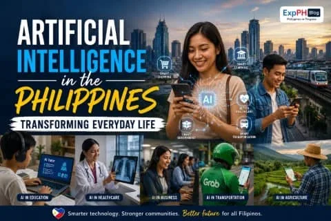 Realistic image of Filipinos using artificial intelligence in daily life including education, healthcare, transportation, business, and agriculture with Manila city background and ExpPH Blog logo.