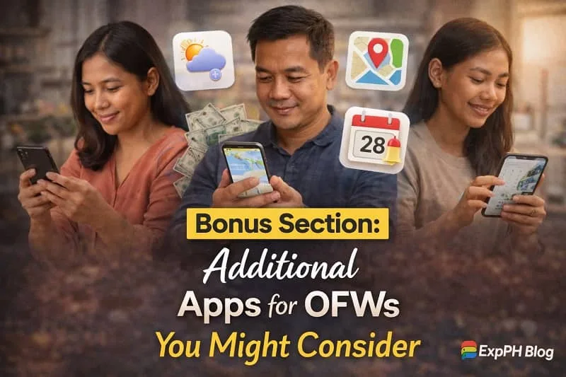 Filipino OFWs using smartphones with icons for translation, health, navigation, safety, and investment apps representing additional helpful apps with ExpPH Blog logo