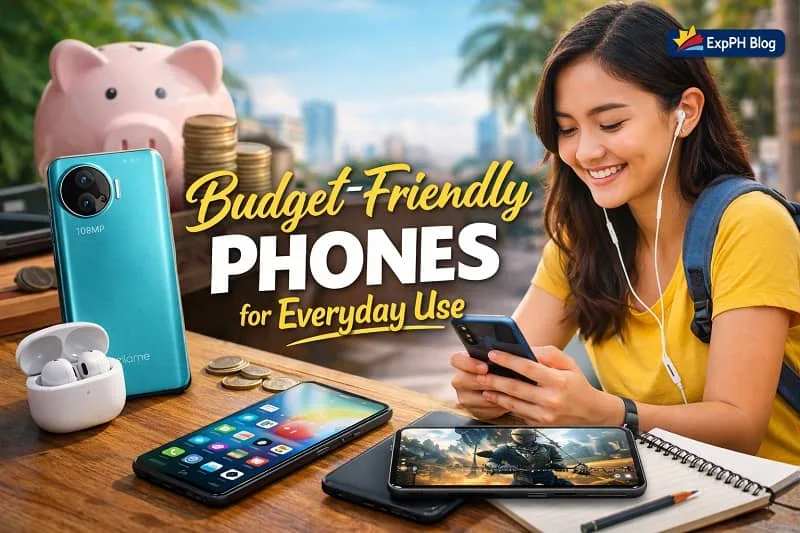 Budget-friendly smartphones for everyday use displayed with Filipino user, affordable phones, and savings concept, featuring the ExpPH Blog logo.
