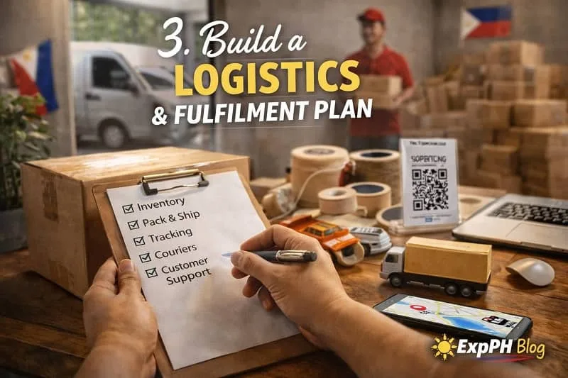 Filipino entrepreneur planning logistics and fulfilment with checklist, delivery boxes, courier van, and shipping tools in a realistic workspace